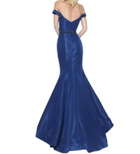Sherri Hill Off Shoulder Taffeta Mermaid Gown in navy - women's dress - detail view