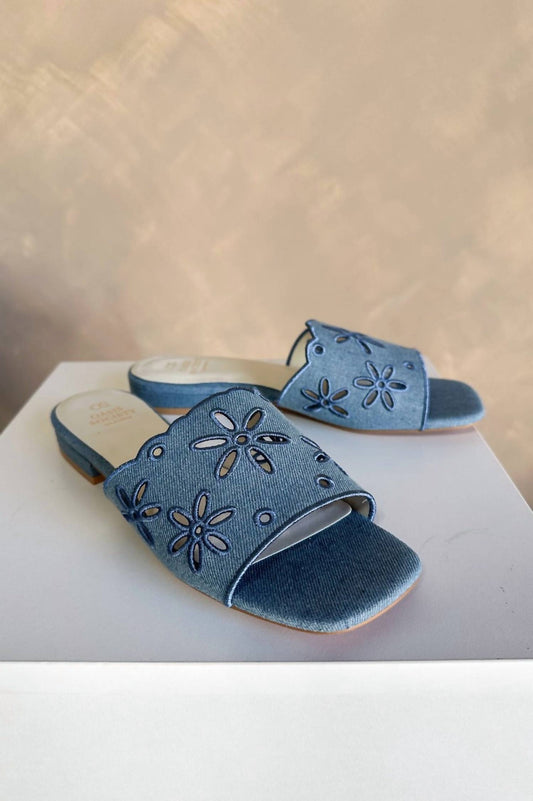 Oasis Society - Women's Manila Denim Eyelet Flower Heel Sandals
