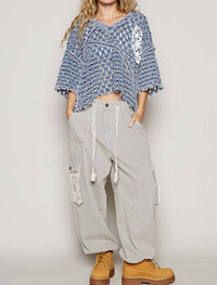 POL Distressed Open Knit Denim Top in light blue - women's t-shirt - view 5