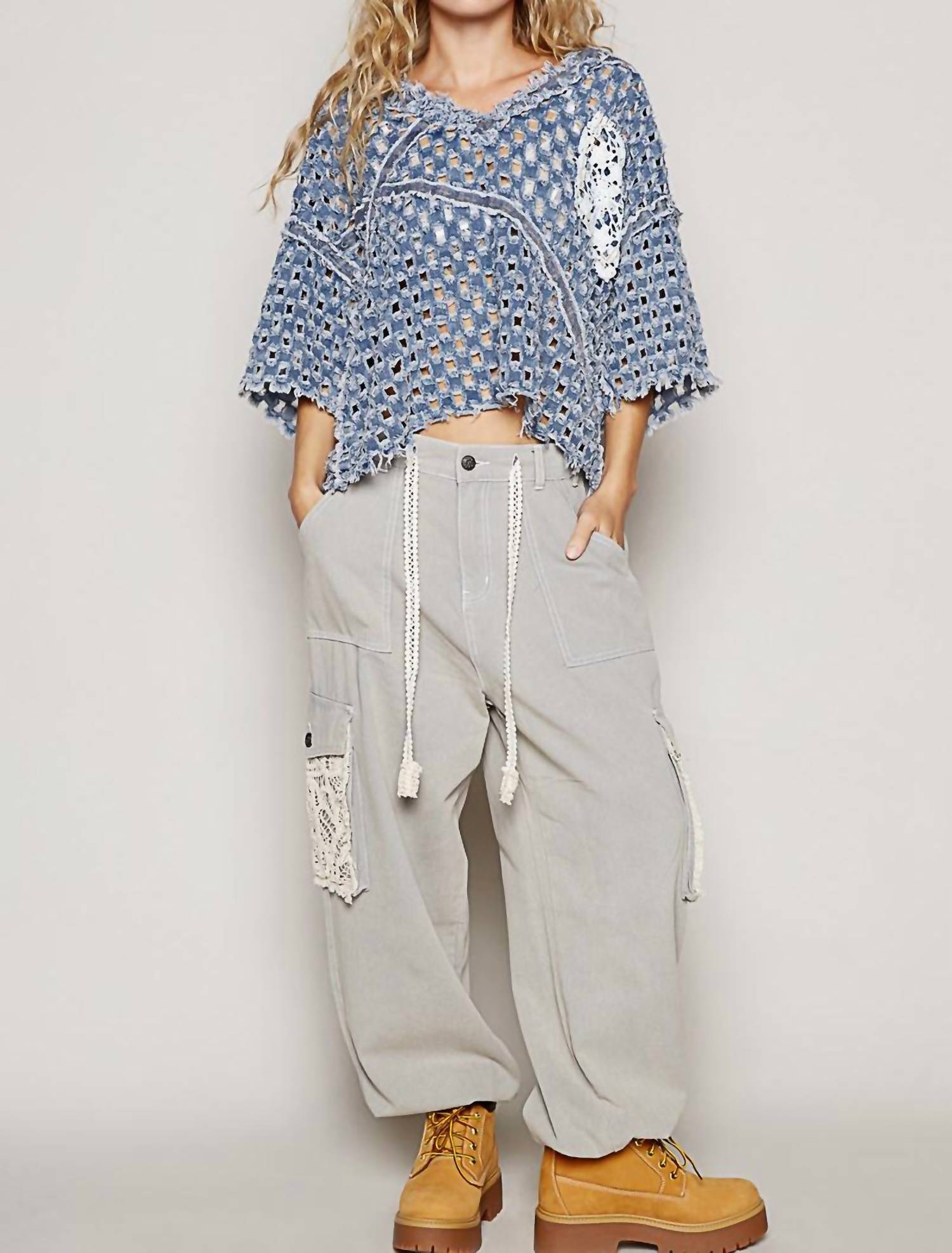 POL Distressed Open Knit Denim Top in light blue - women's t-shirt - view 5
