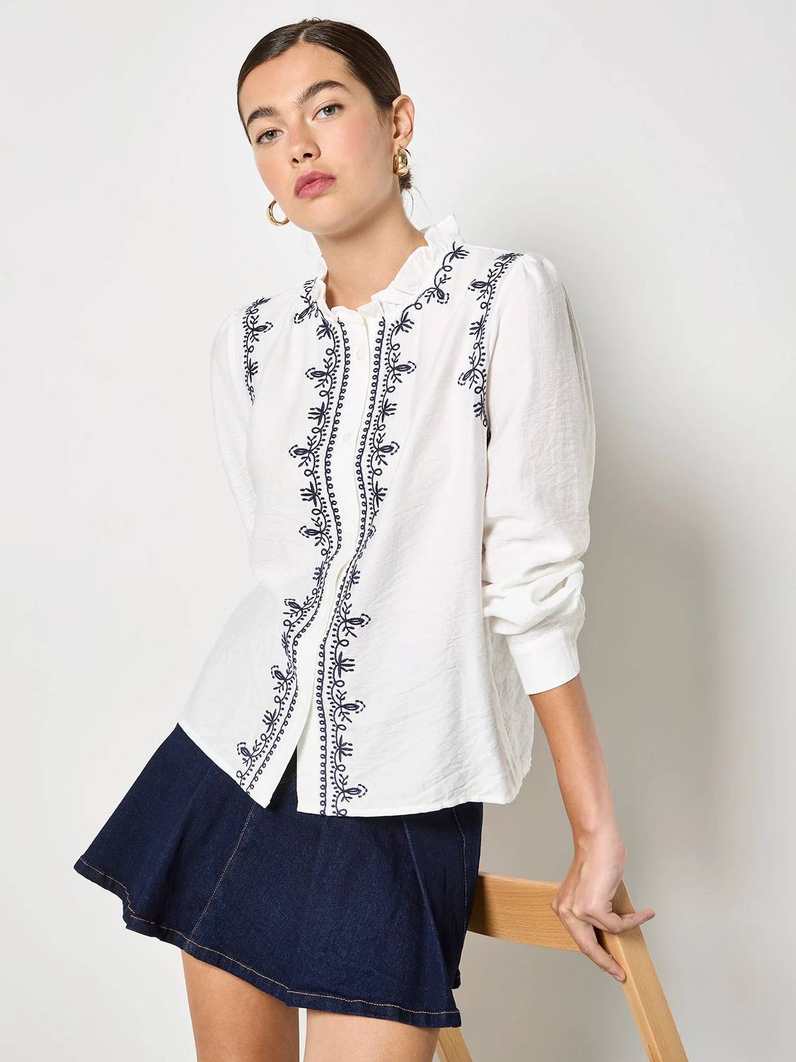 Apricot - Women's Ruffle Neck Embroidered Blouse