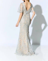 Montage by Mon Cheri Lace Trumpet Dress in nude silver - women's dress - detail view