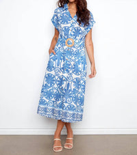 Charlie B - Printed Eyelet Cotton Short Sleeve Dress With Belt at Waist