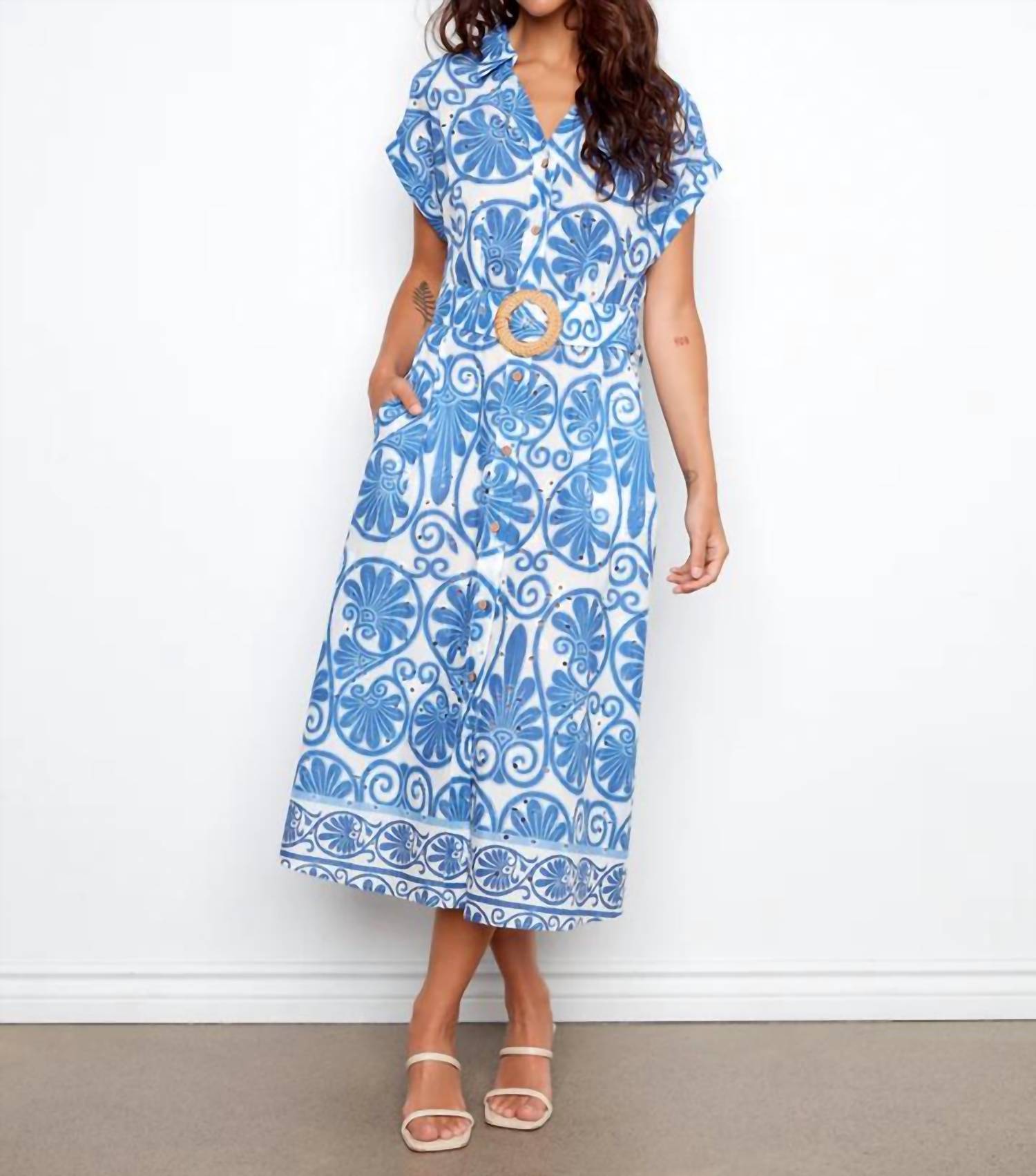 Charlie B - Printed Eyelet Cotton Short Sleeve Dress With Belt at Waist