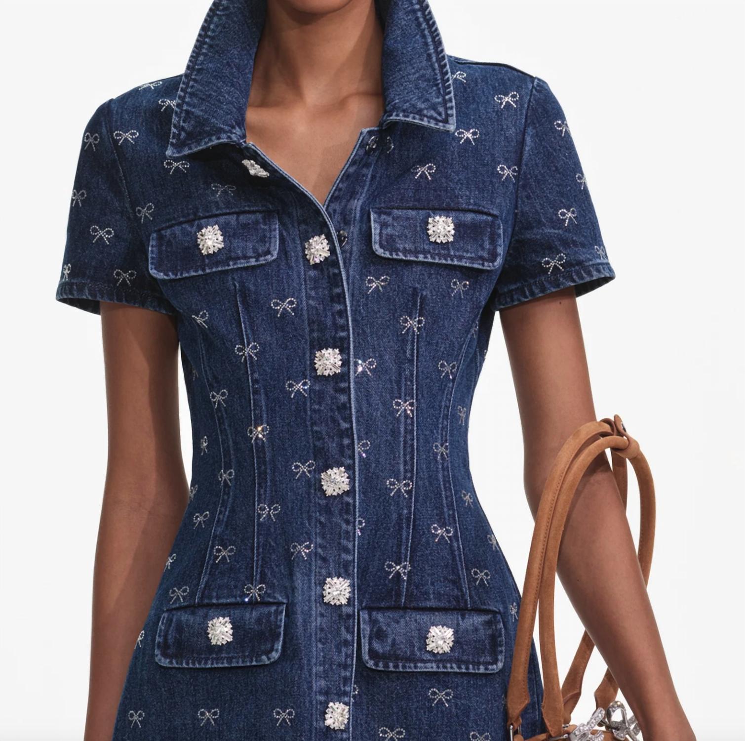 Self-Portrait - Denim Diamante Bow Mini Dress