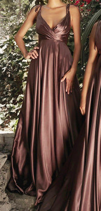 Ladivine Long Satin V-neck Dress in mahogany - women's dress