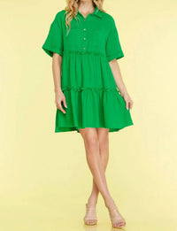 She + Sky - HALF SLEEVE BUTTON DOWN COLLARED TIERED GAUZE DRESS