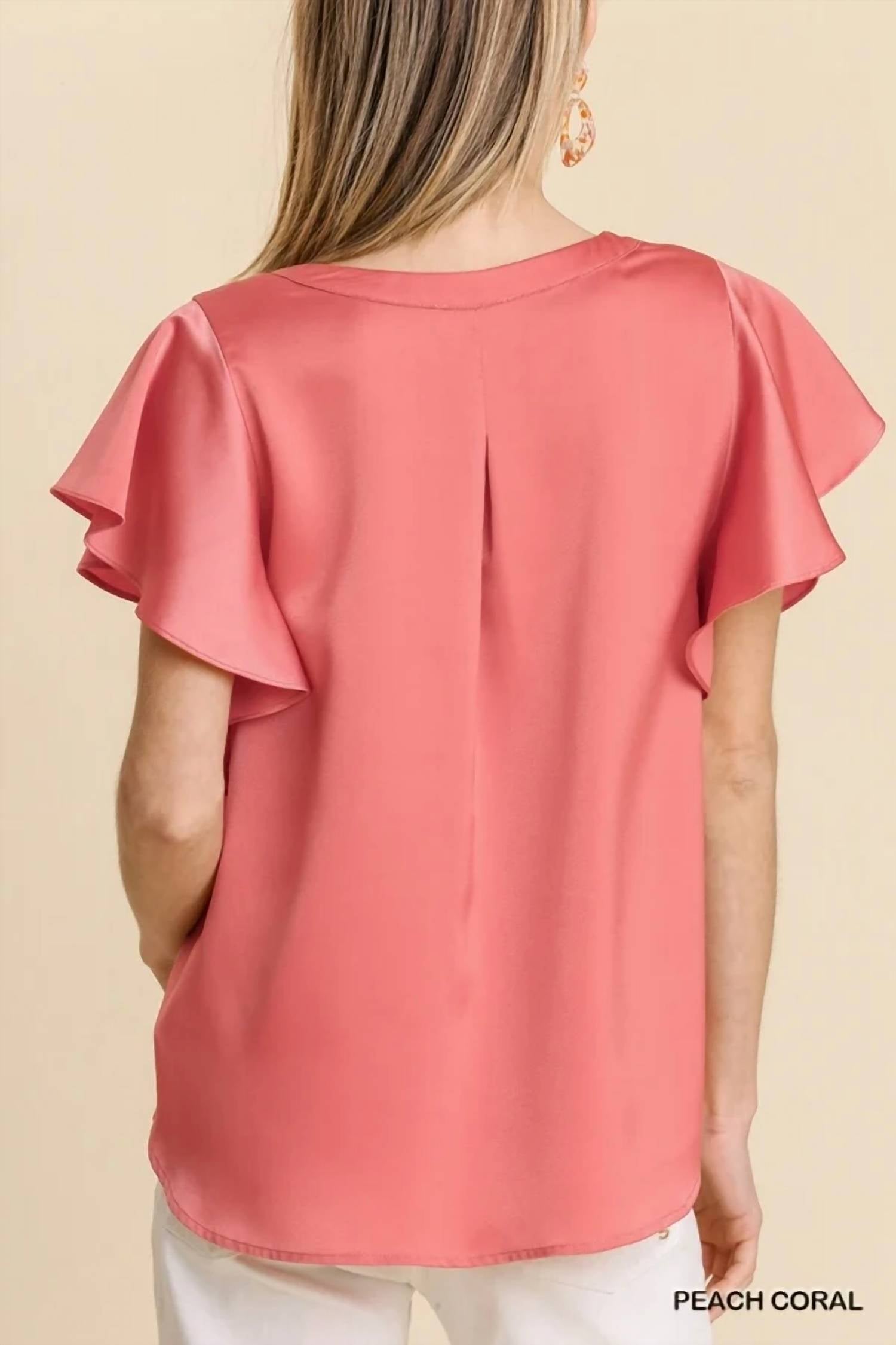 Umgee - Satin V-neck Short Ruffle Sleeve Top