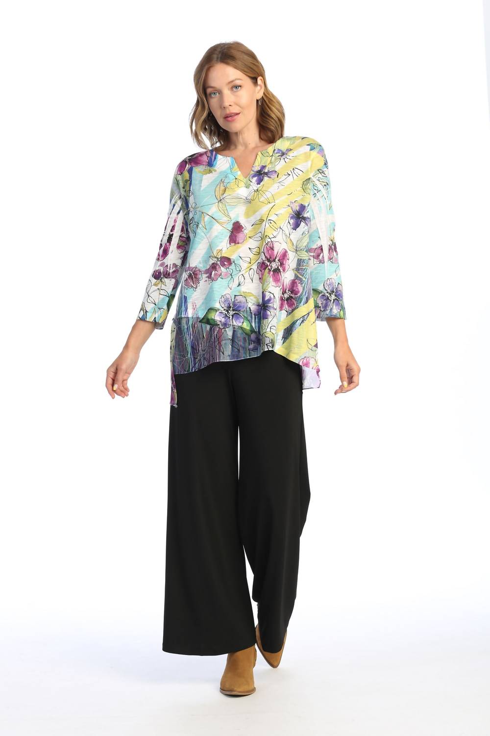 Jess & Jane - Rebecca Slit V-neck Chiffon Contrast Top