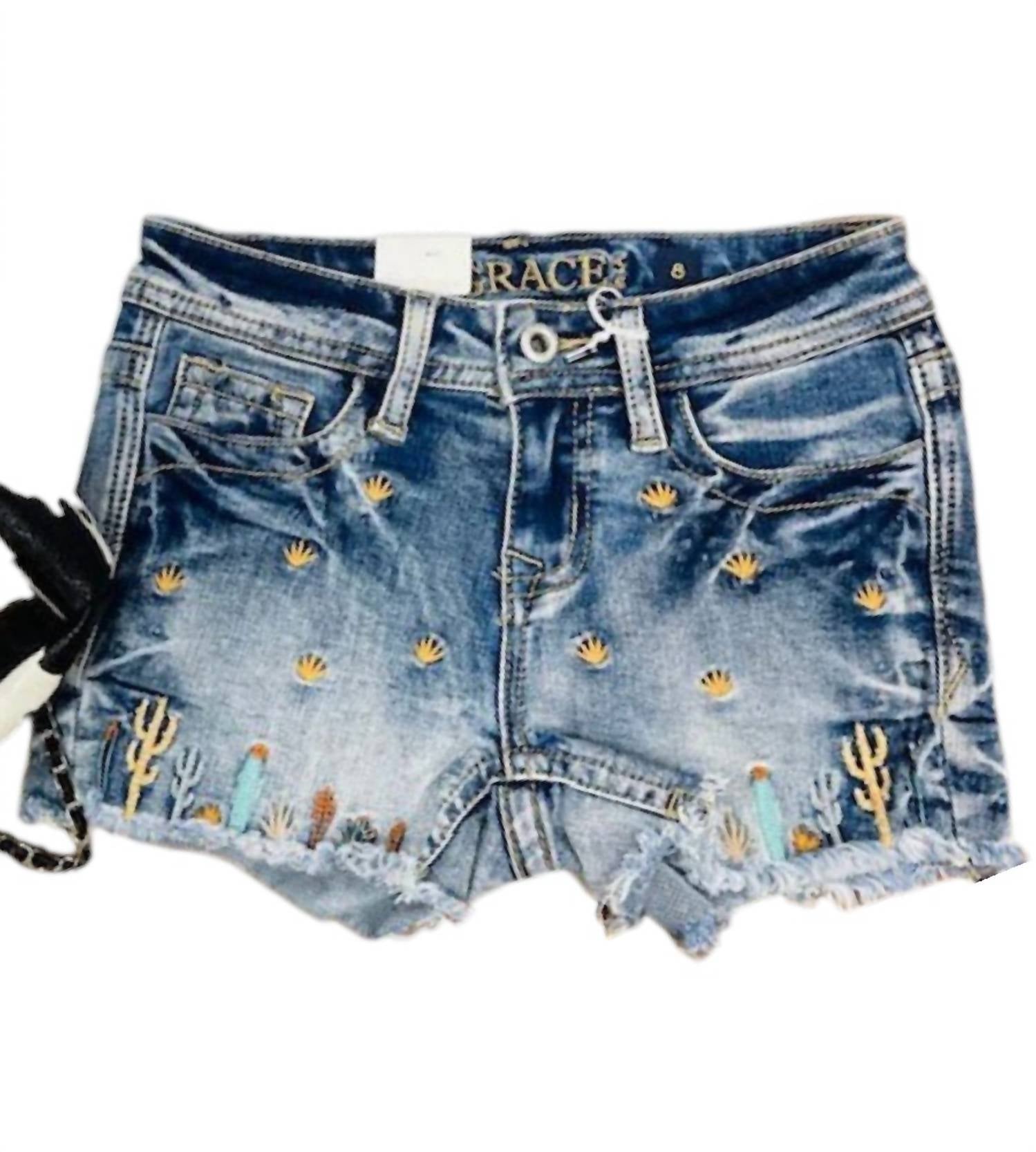 Grace In La - Girl's Cactus Embroidered Shorts