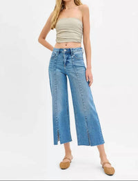 Trendsi - Tummy Control Mid Rise Crop Wide Front Slit Jeans