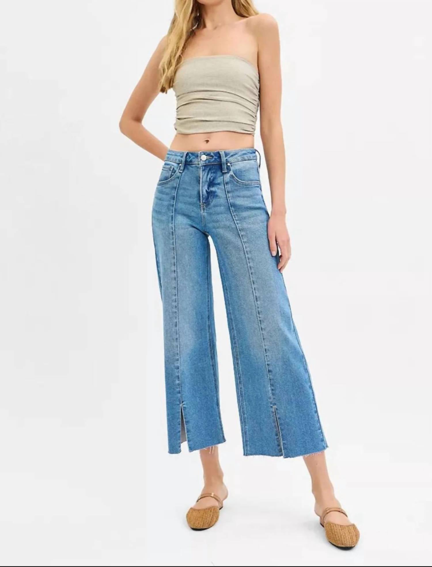 Trendsi - Tummy Control Mid Rise Crop Wide Front Slit Jeans