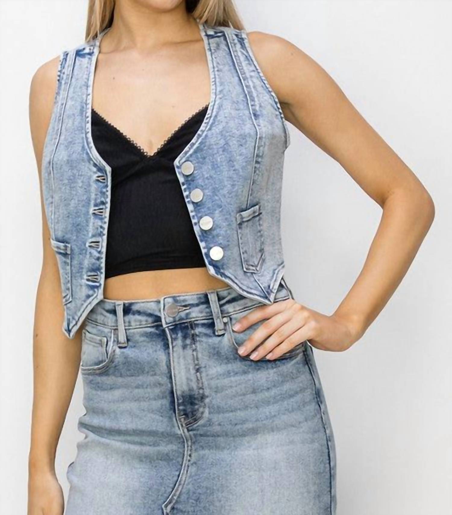 Trendsi - Risen Button Down Crop Denim Vest