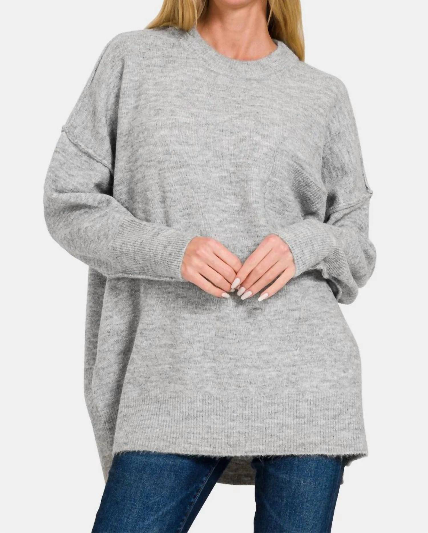 Zenana - High-low Hem Drop Shoulder Sweater