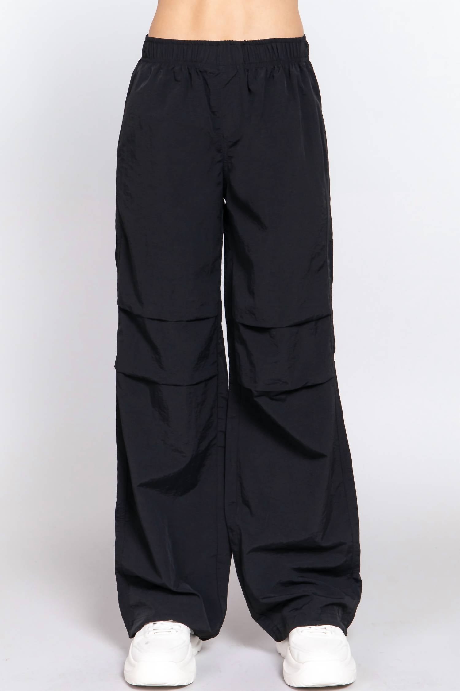 Active Basic Elastice Waist Parachute Pants in black - women's pants - detail view