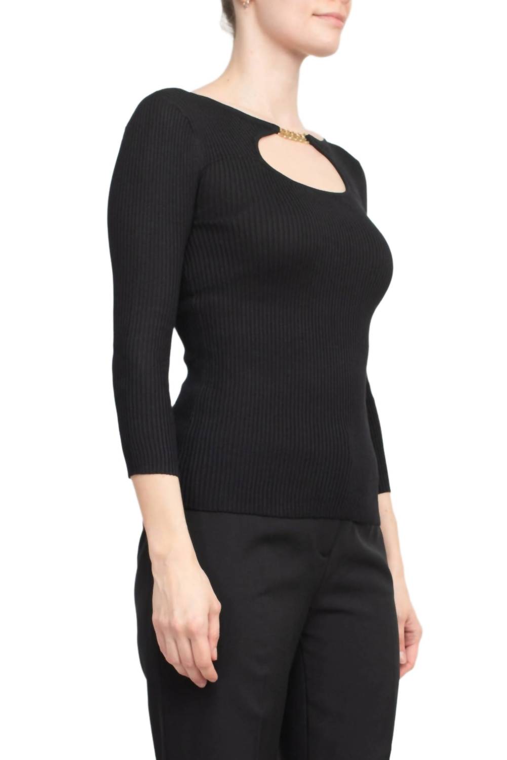 T Tahari - Boat Neck Ribbed Cutout Front Knit Top