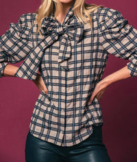 THE SHIRT Long Sleeve French Bow Shirt in tan black plaid - women's blouse
