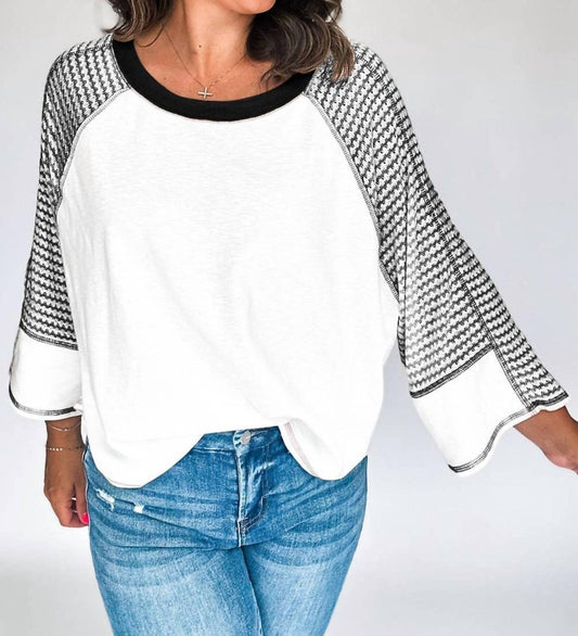 Lovesoft - Striped Bracelet Sleeve Raglan Patchwork Top