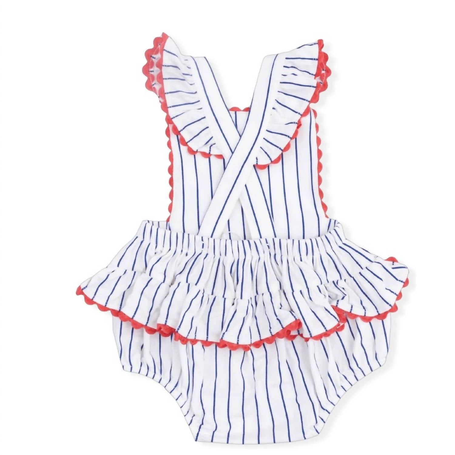 Angel Dear - Girls Baseball Stripe Bamboo Ric Rac Ruffle Sunsuit