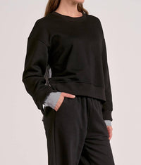 ELAN Layered Mixed Media Top in black blue stripe - women's long sleeve top - alternate view