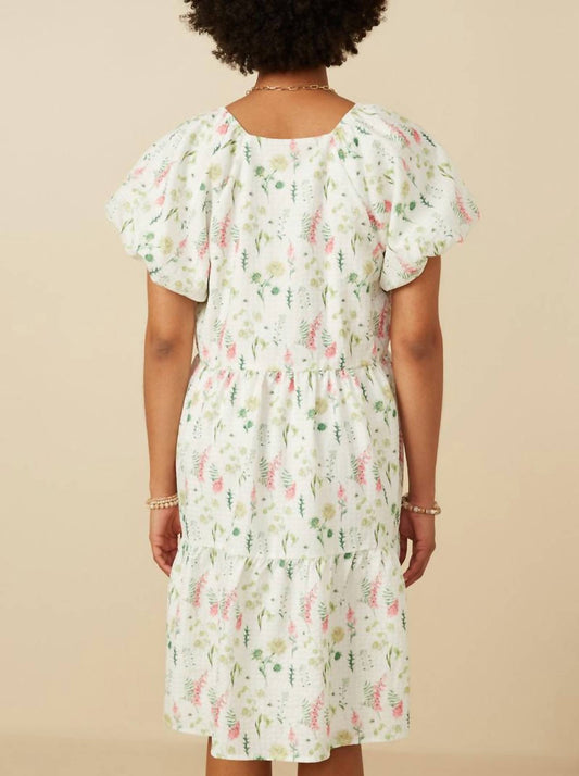 Hayden La - Textured Floral Button Detail Bubble Sleeve Dress