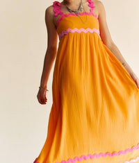 Davi & Dani - DOUBLE GAUZE TIE WAVY TRIM DETAIL MAXI DRESS
