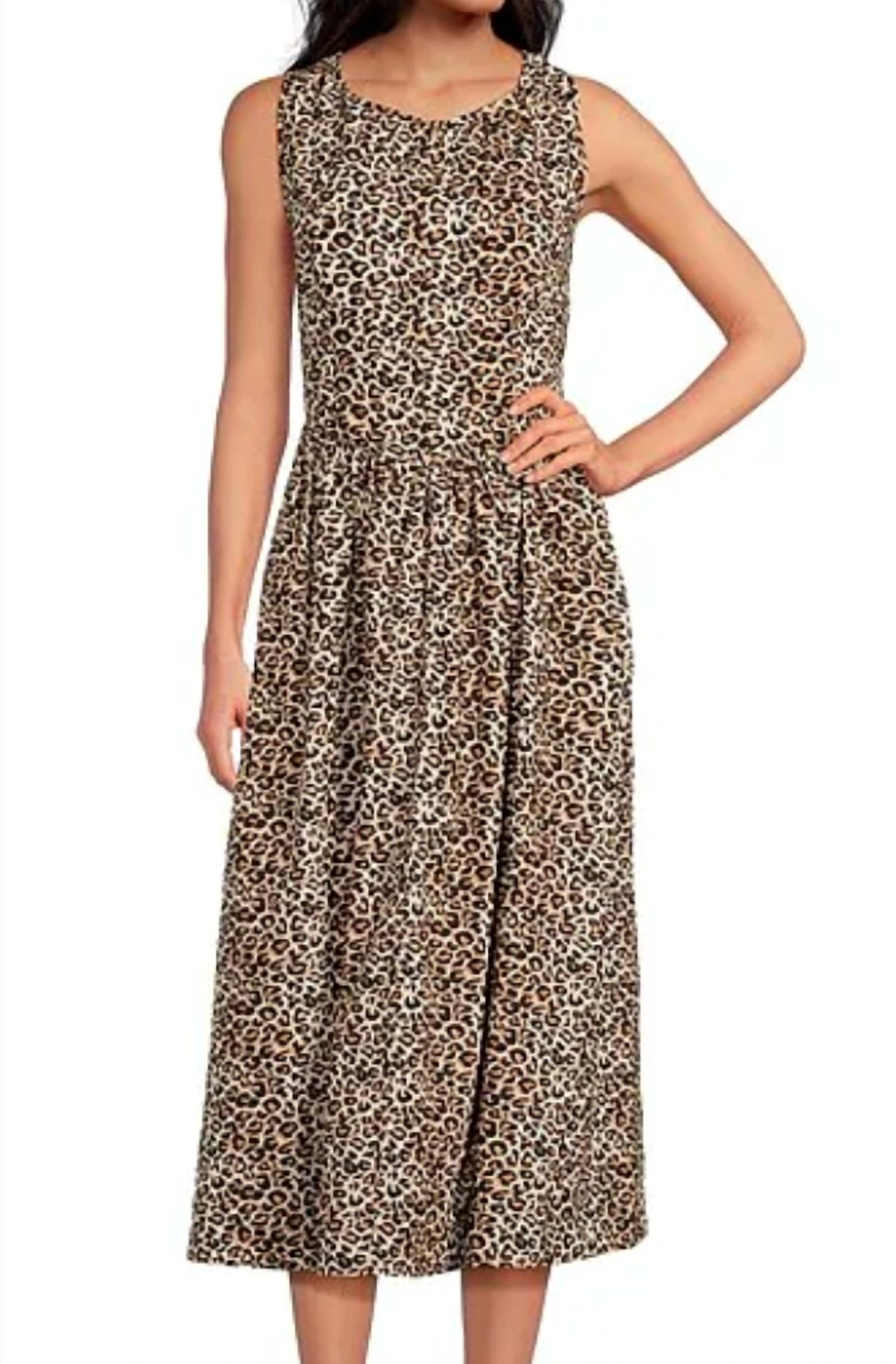 SKIES ARE BLUE Lexi Poplin Crew Neck Sleeveless Drop Waist Midi Dress in leopard - women's dress