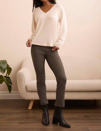 Tribal - Pleat-accent Long-sleeve V-neck Top