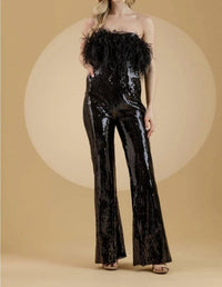 Amelia Couture - Sequin Feather Strapless Formal Jumpsuit