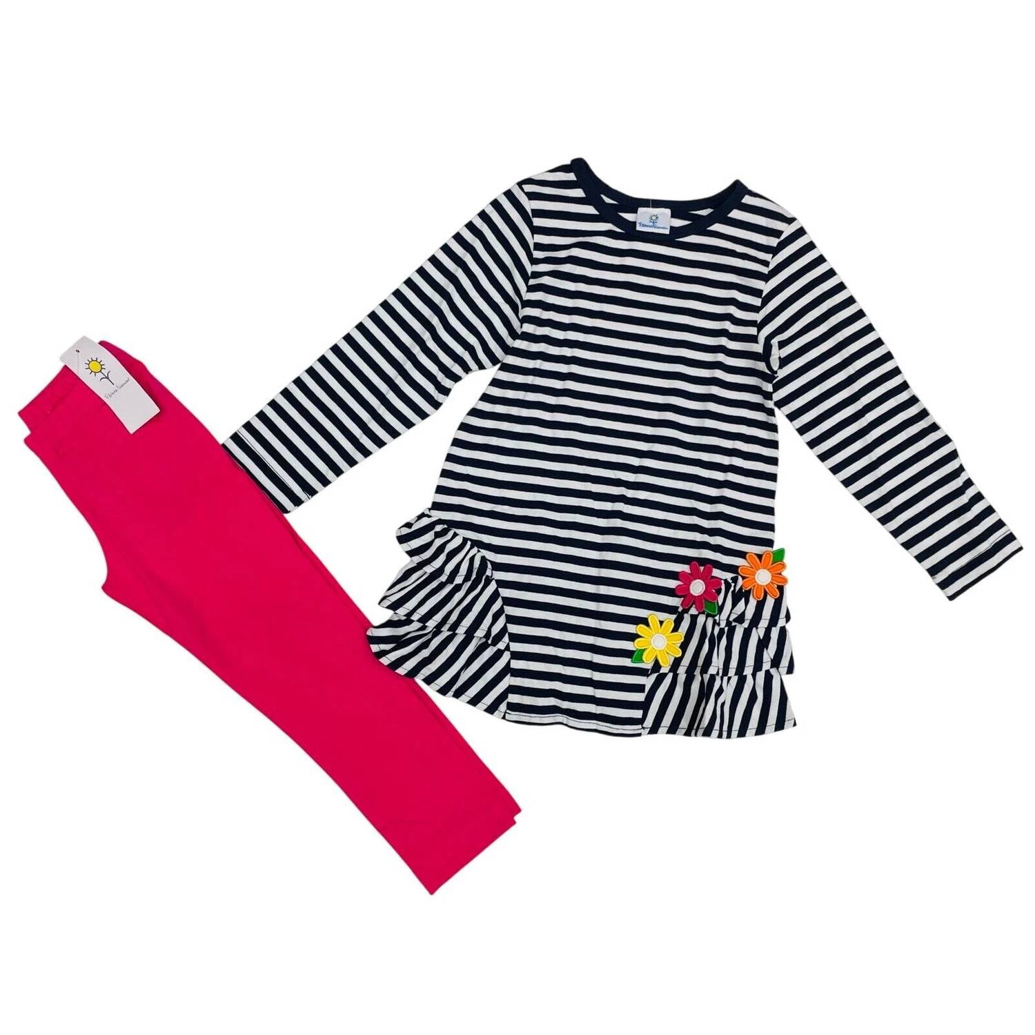 Florence Eiseman Kid's Stripe Kit Tunic With Flower & Leggings in navy pink - item