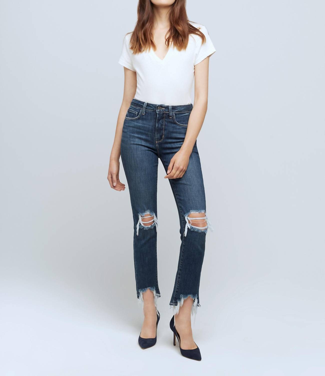 L'Agence Distressed High Rise Skinny Jeans in encina - women's jeans - alternate view