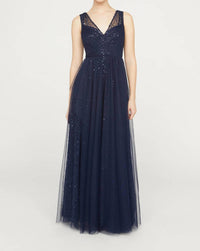THEIA Kiana Beaded V Neck Gown in navy - women's dress