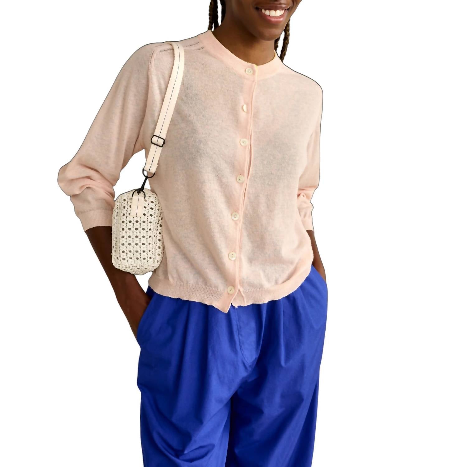 bellerose Neeta Button Up Crew Sweater Top in light rose - women's long sleeve top