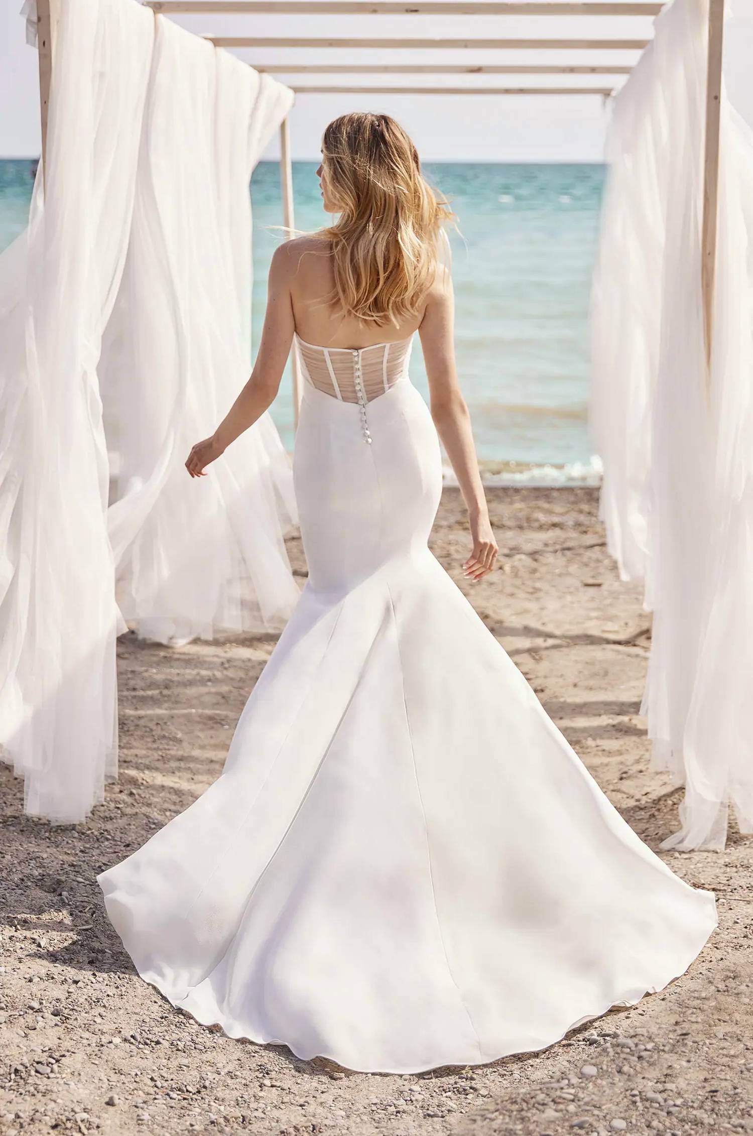 Mikaella Bridal Crêpe And Tulle Wedding Dress in natural - women's dress - detail view