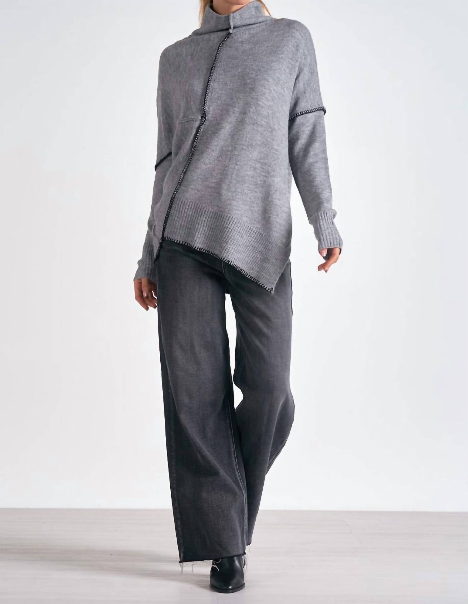 ELAN Turtleneck Asymmetric Sweater in grey - women's sweater - detail view