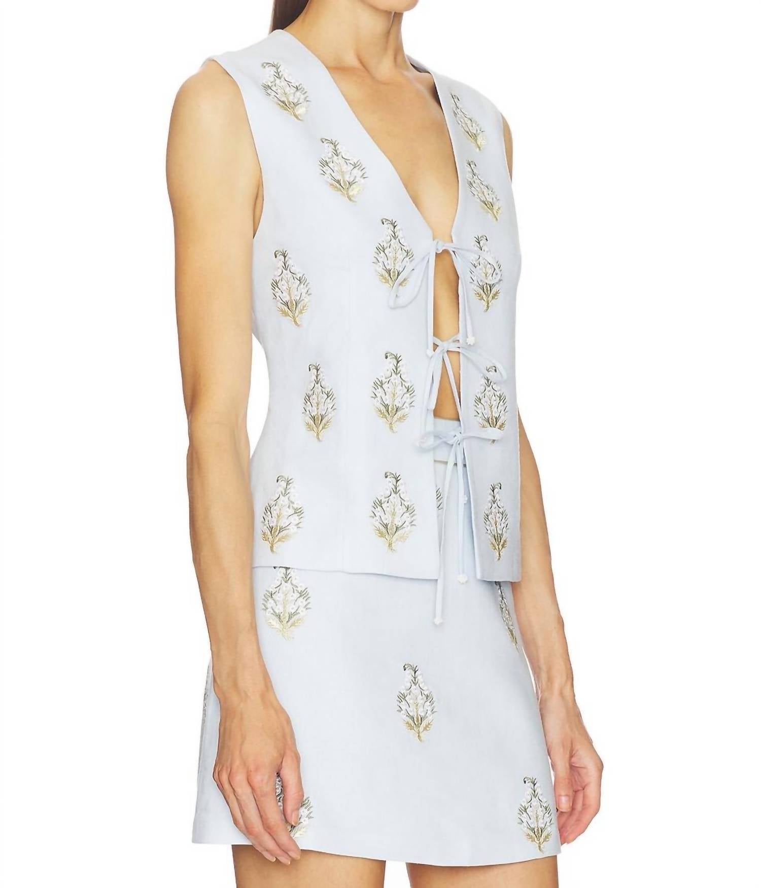 Rosewater House Sarv Embroidered Vest in blue white - women's jacket - alternate view