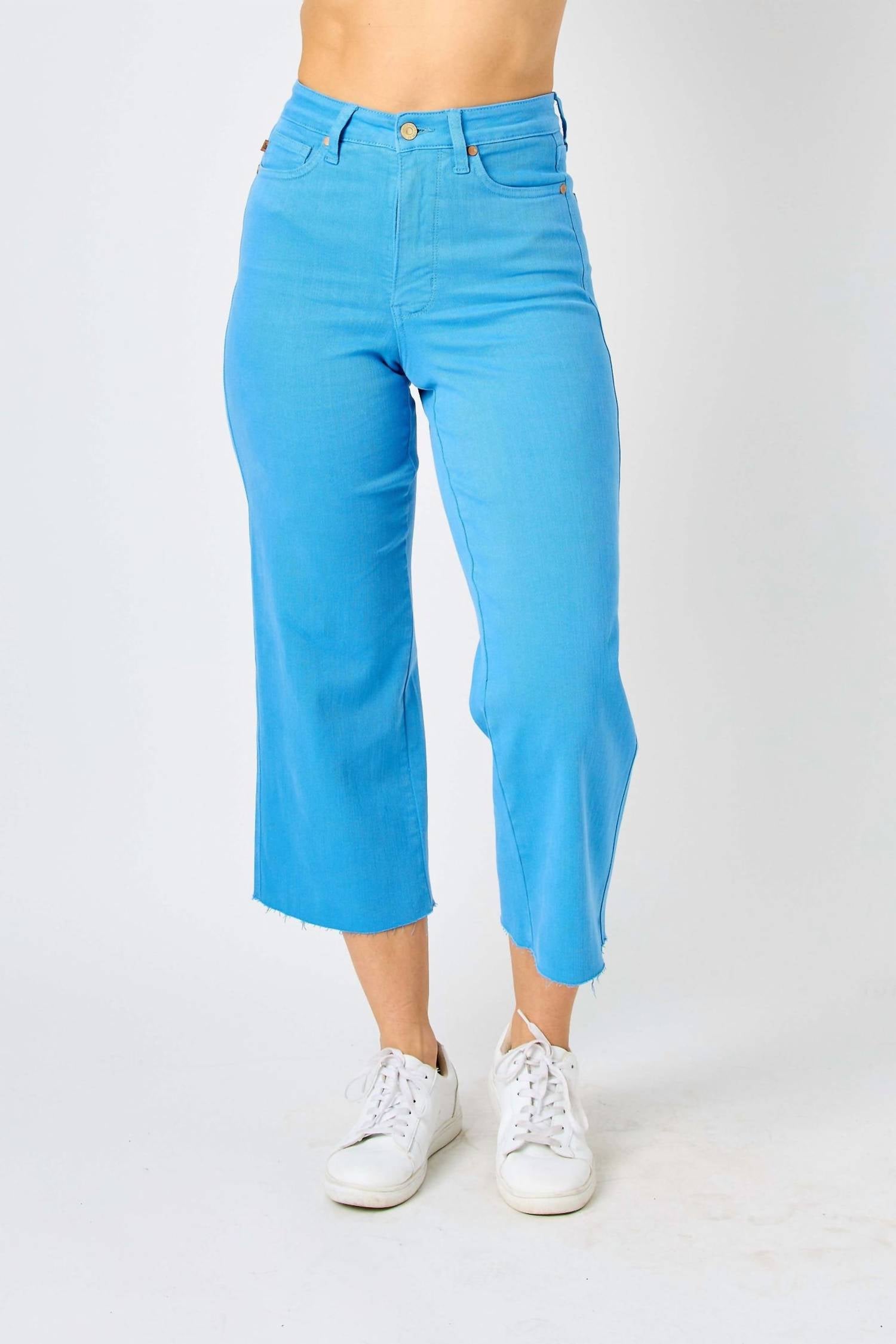 Judy Blue High Waisted Garment Dyed Tummy Control Crop Wide Pants - Plus in blue - women's pants