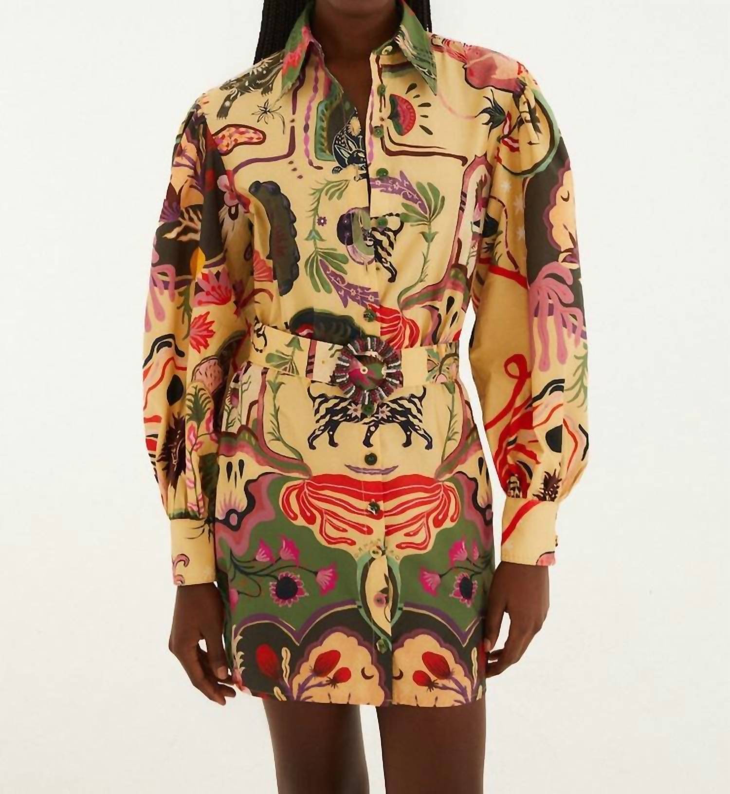 FARM RIO Artsy Surreal Land Mini Dress in beige - women's dress