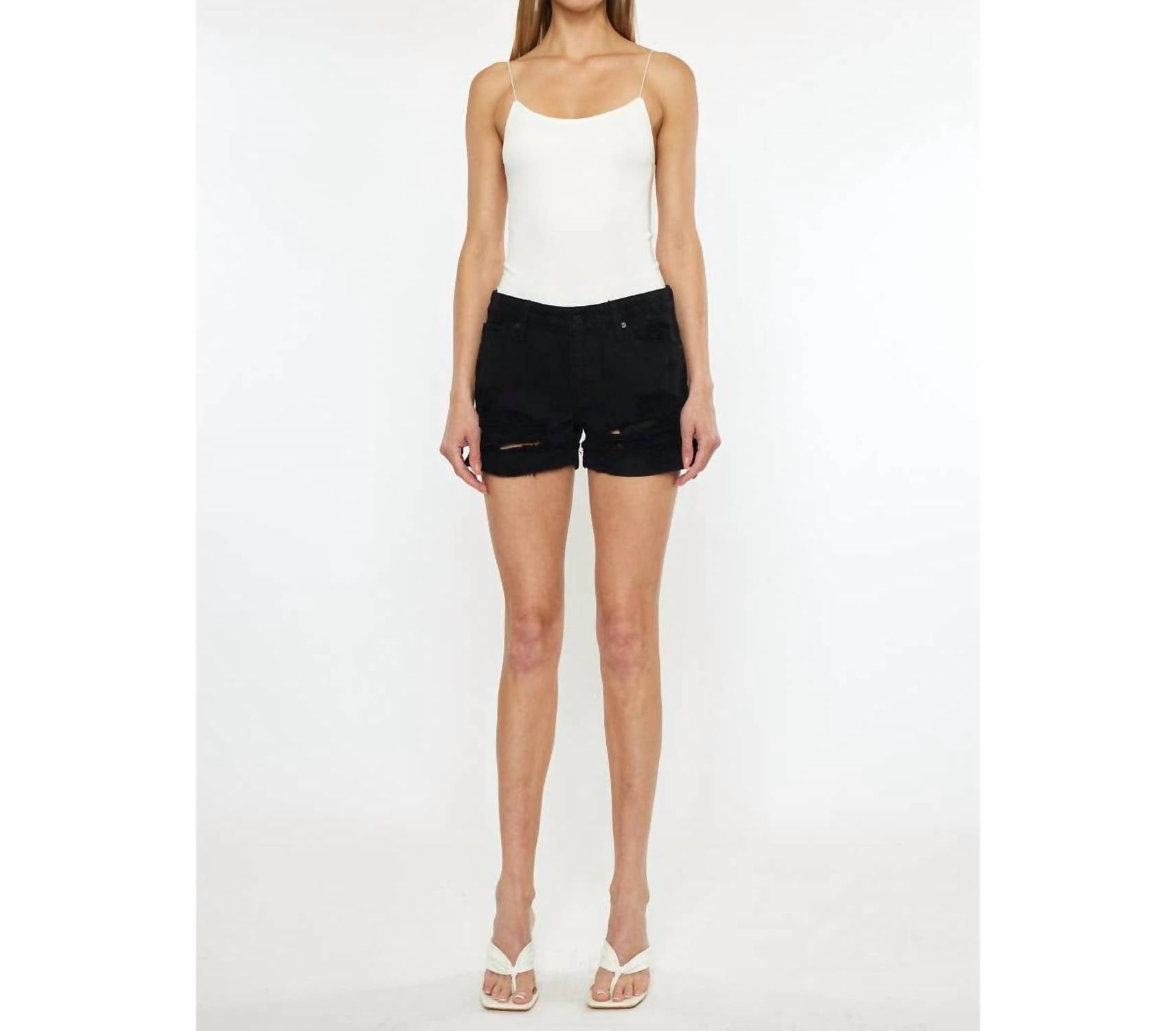KanCan Denim Mid Rise With Rigid Ends Short in black - women's shorts - detail view
