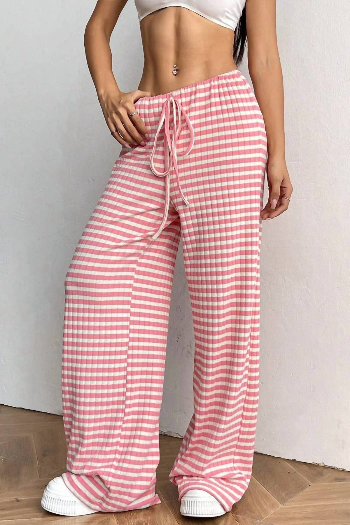 Ninexis - Summer Striped Wide Leg Drawstring Pants