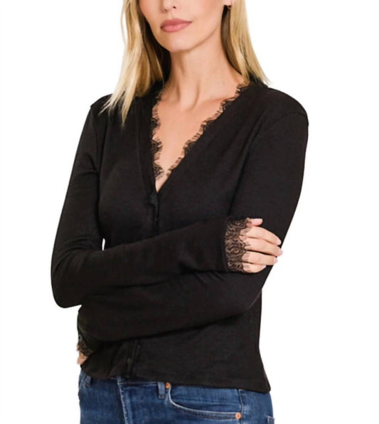 Zenana - Lace Trim Ribbed Cardigan