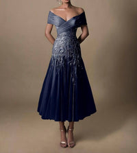Tarik Ediz Lana Off The Shoulder Tea-length Dress in navy - women's dress
