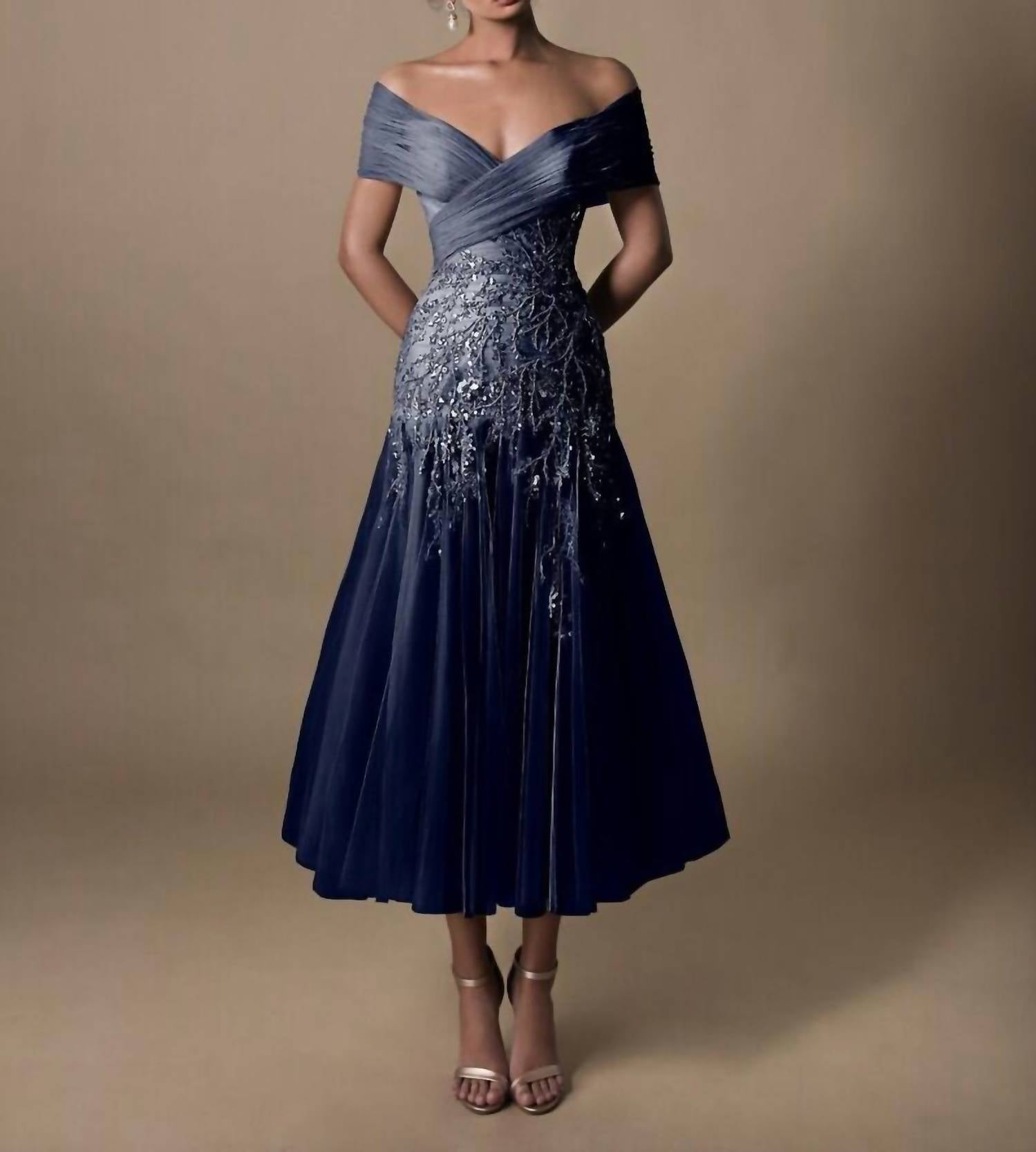 Tarik Ediz Lana Off The Shoulder Tea-length Dress in navy - women's dress