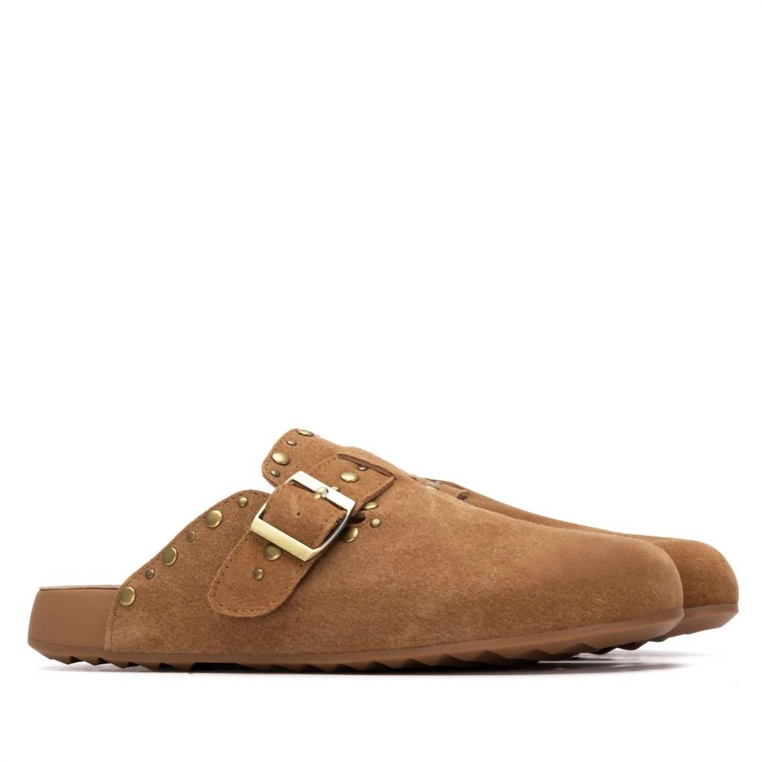 Xti Women's Suede Clog Shoes in camel - women's shoe - detail view