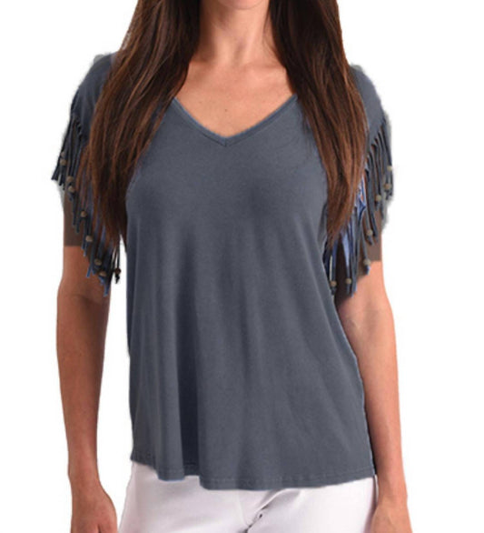 Stone Wash Cut Out Fringe Beaded Sleeve Top