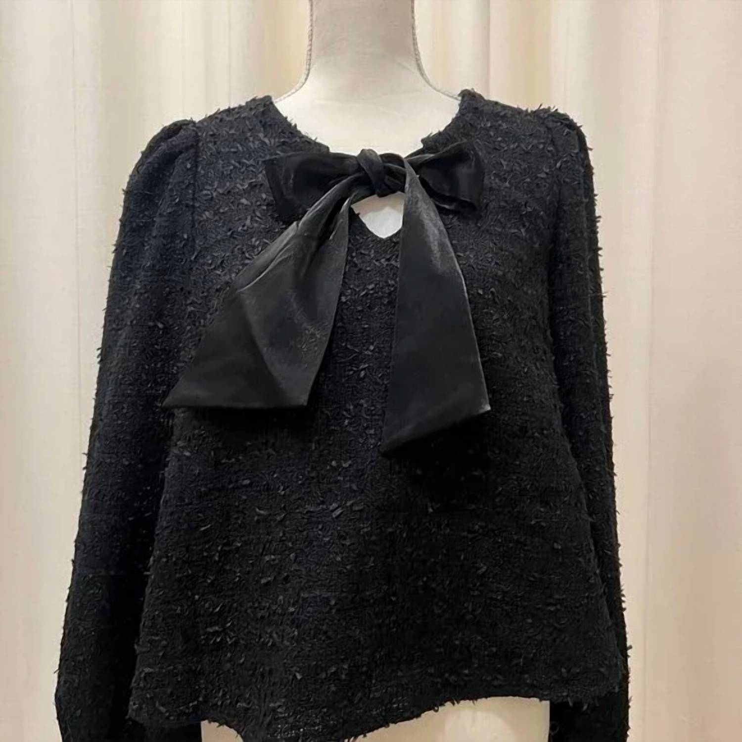 ABLE Front Bow Tweed Long Puff Sleeve Top in black - women's blouse - view 6