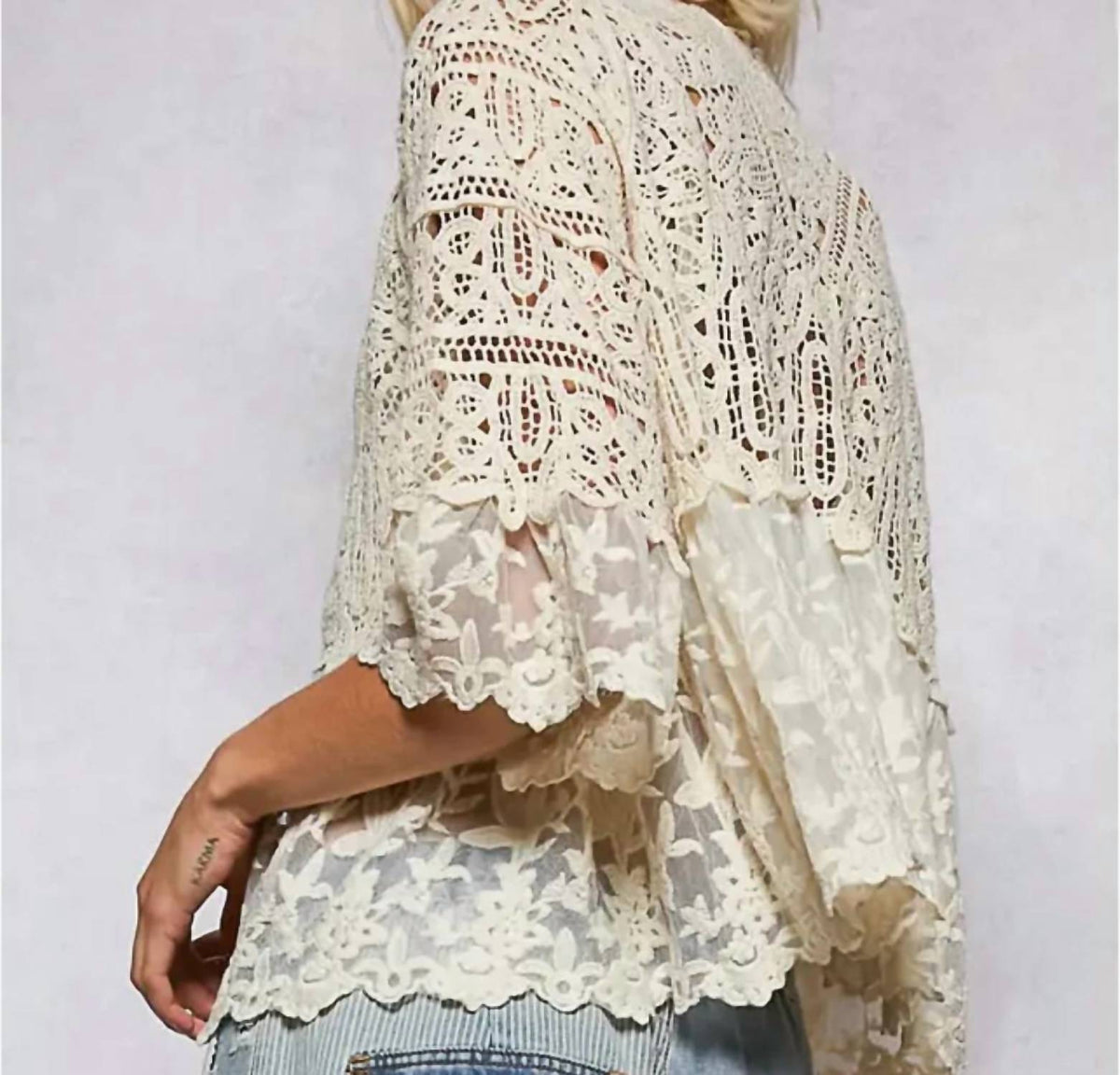 Pol - V Neck Crochet Floral Lace Cardigan