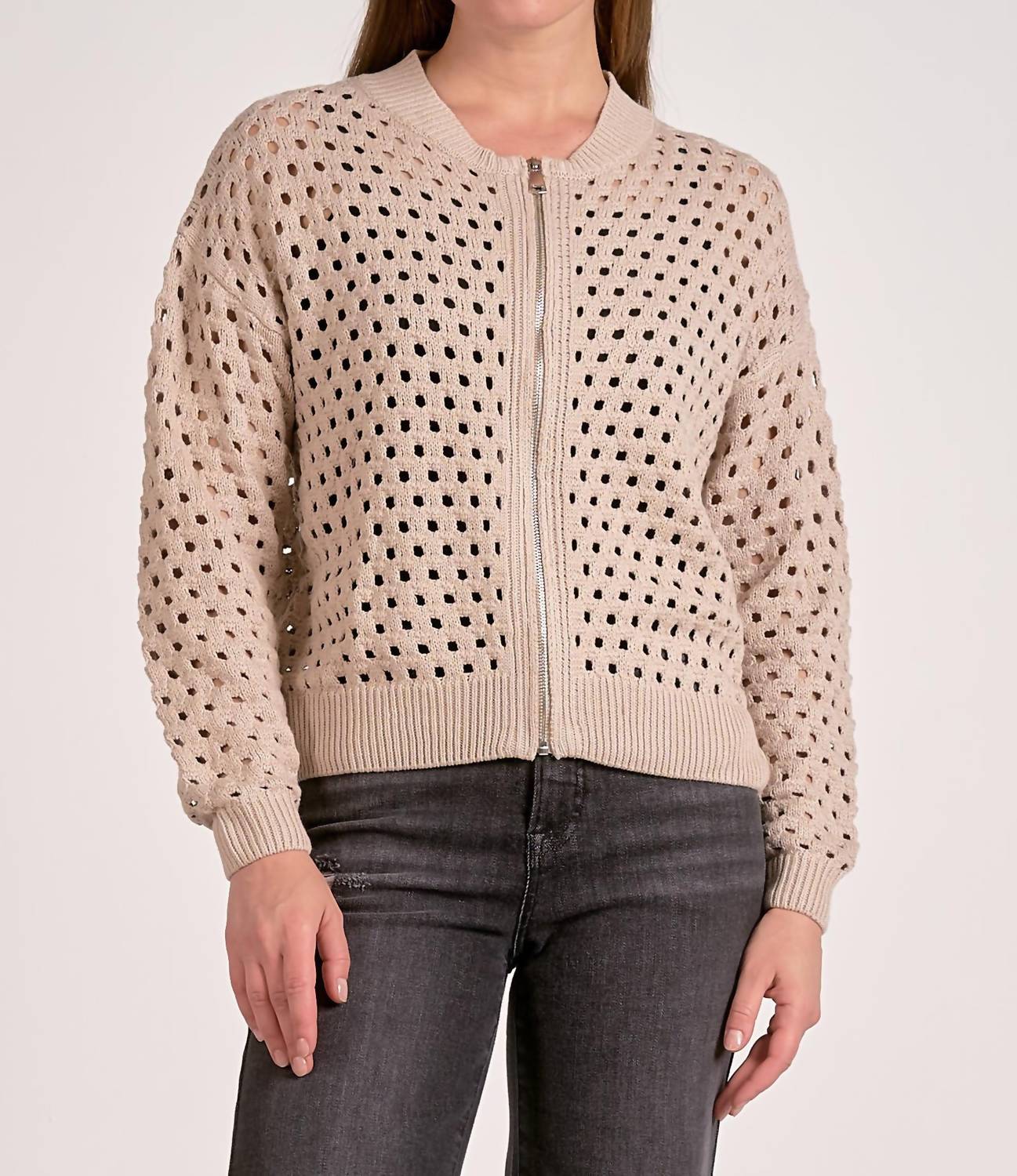 ELAN Zip Up Sweater Cardigan in stone 1 - women's cardigan