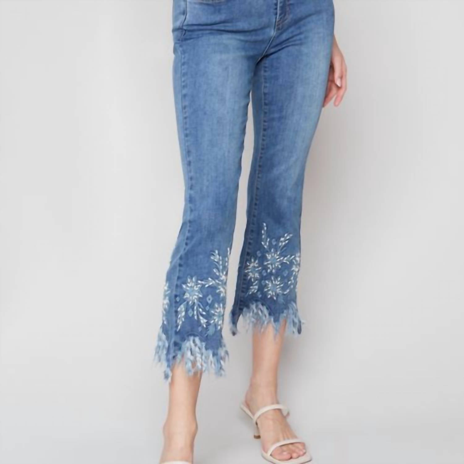 Charlie B - Feathered And Embroidered Bootcut Denim Pants