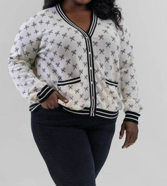 Minnie Rose - Cashmere Tennis Club Print Cardigan - Plus Size